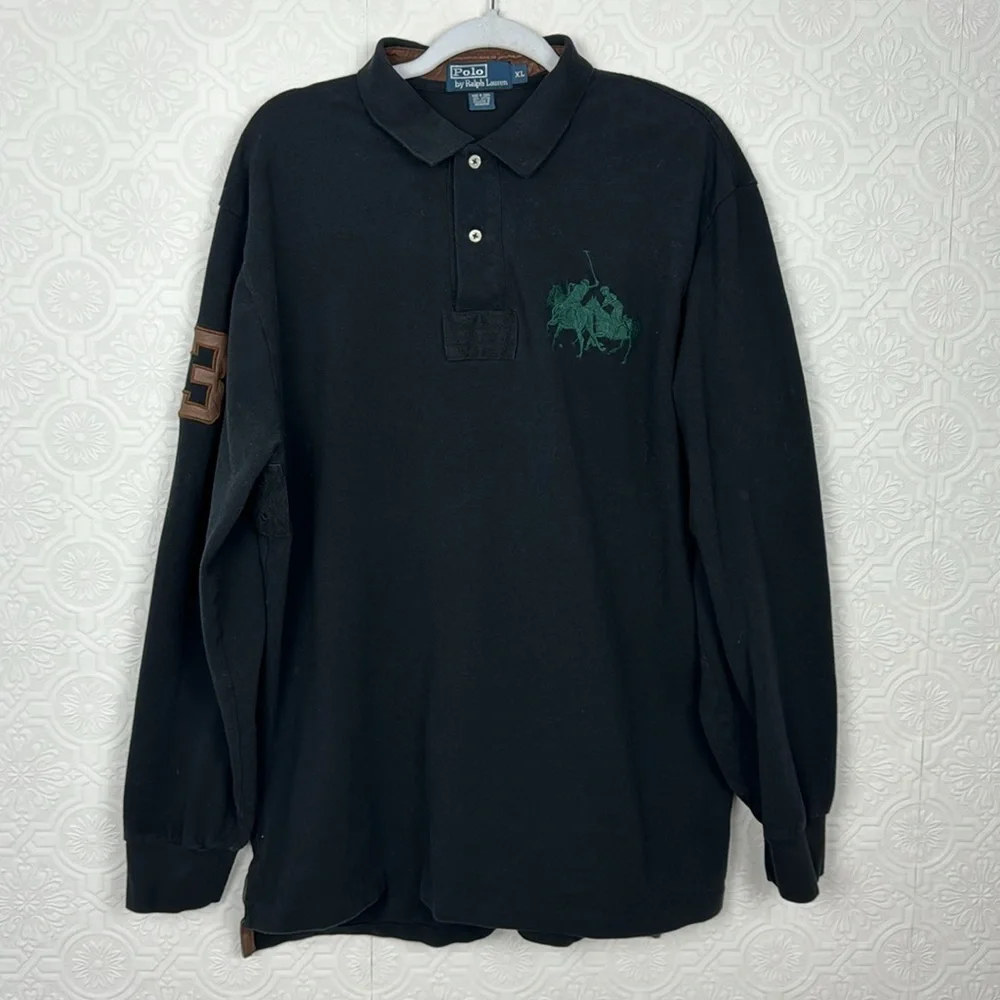 Polo Ralph Lauren Triple Pony Collared Ling‎ Sleeve Shirt Black Green
